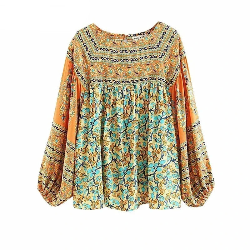Sayra's Boho Sunshine Yellow Floral Print Long Sleeve Blouse Shirt