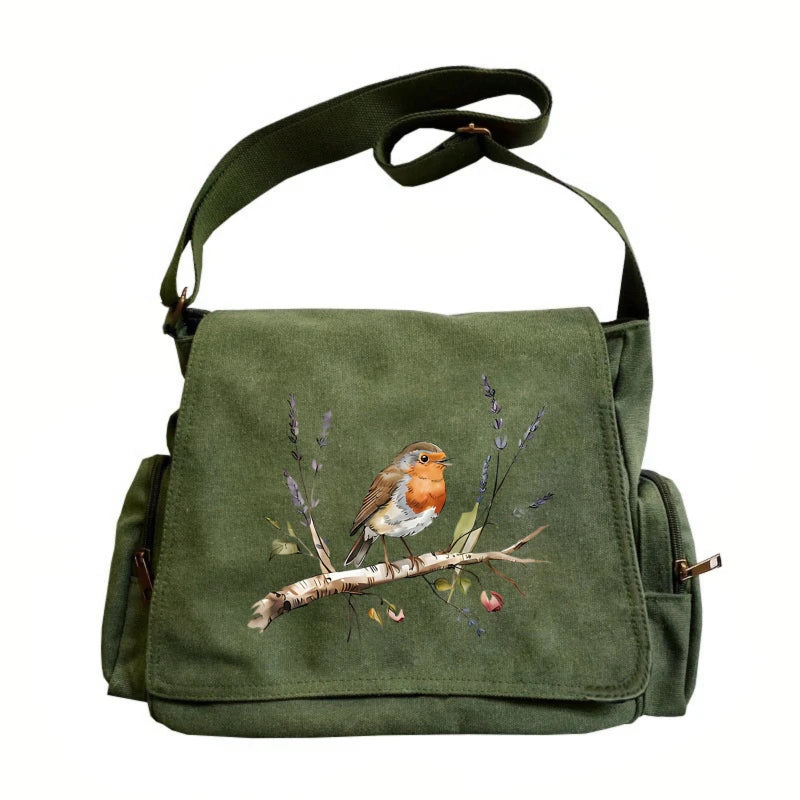 Woodland Sparrow Print Canvas Shoulder Bag Crossbody Messenger Bag