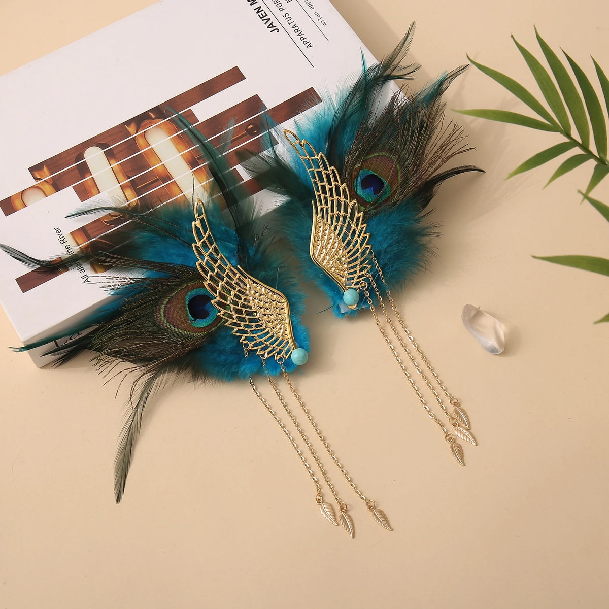 Pair of Peacock Hair Wings Hairpin Clips