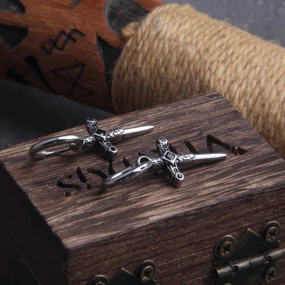 Gothic Dagger Sword Stainless Steel Huggie Hoop Earrings for Men with Wooden Box