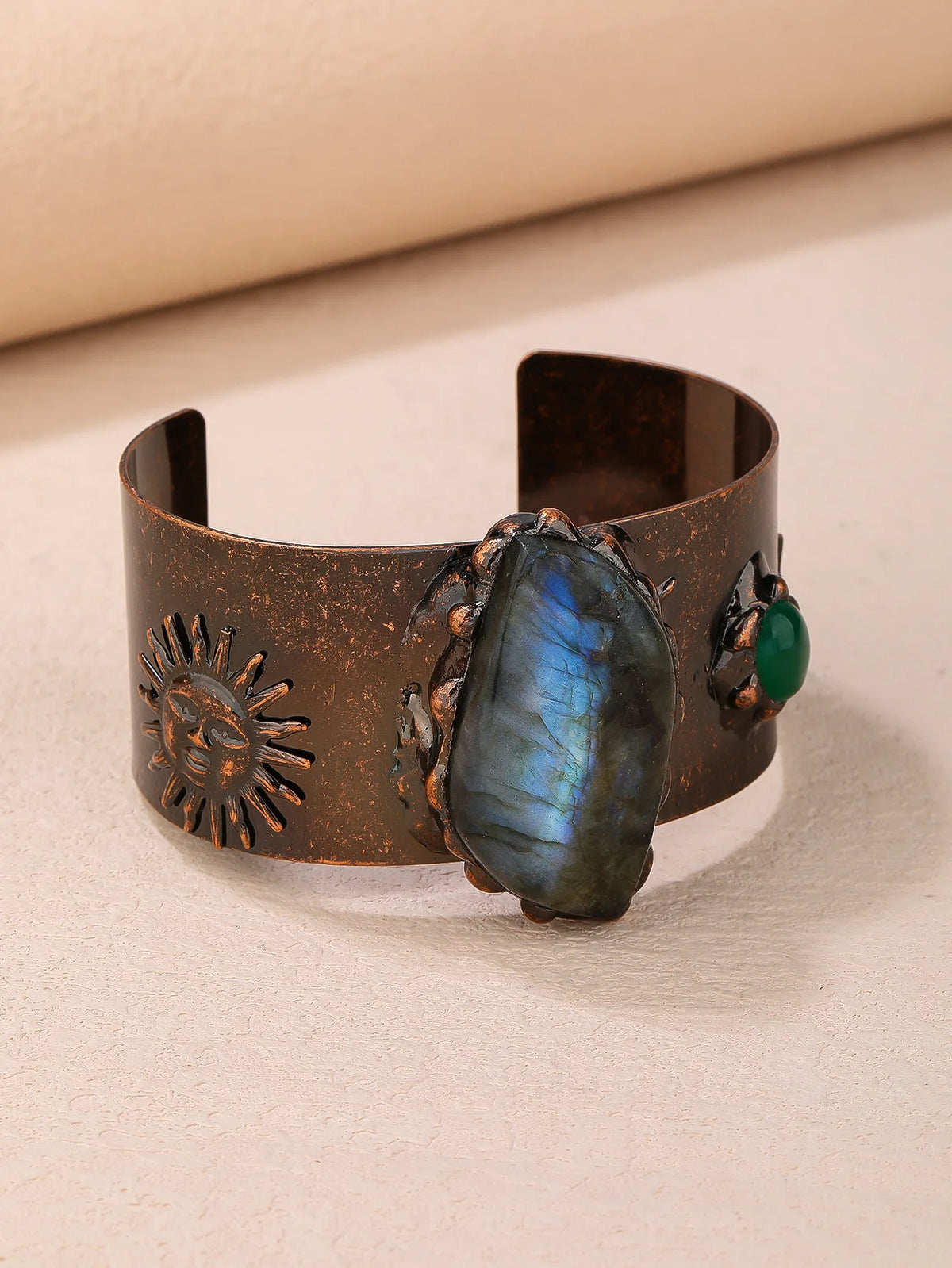 Medieval Cosplay Labradorite Stone Wrist Cuff Bangle Copper Plating Adjustable Bracelet