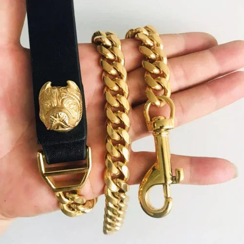 French Bulldog Dog Leash 14mm Cuban Chain Genuine Leather Stainless Steel Pet Accessories
