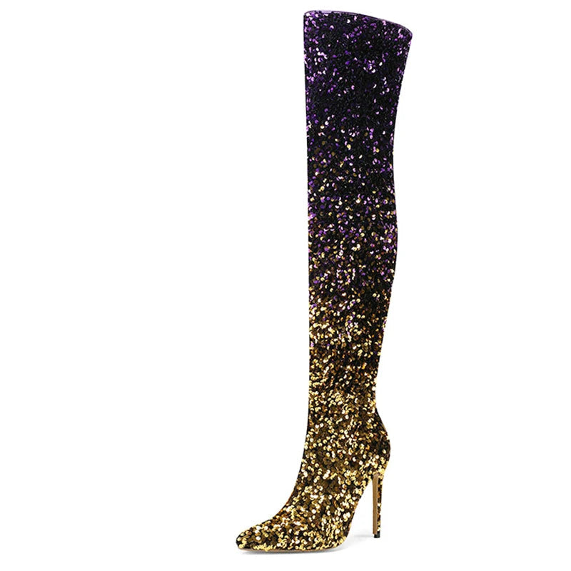 Galaxy Thigh High Boots Gradient Sequin Stretch Boots 11CM Heels