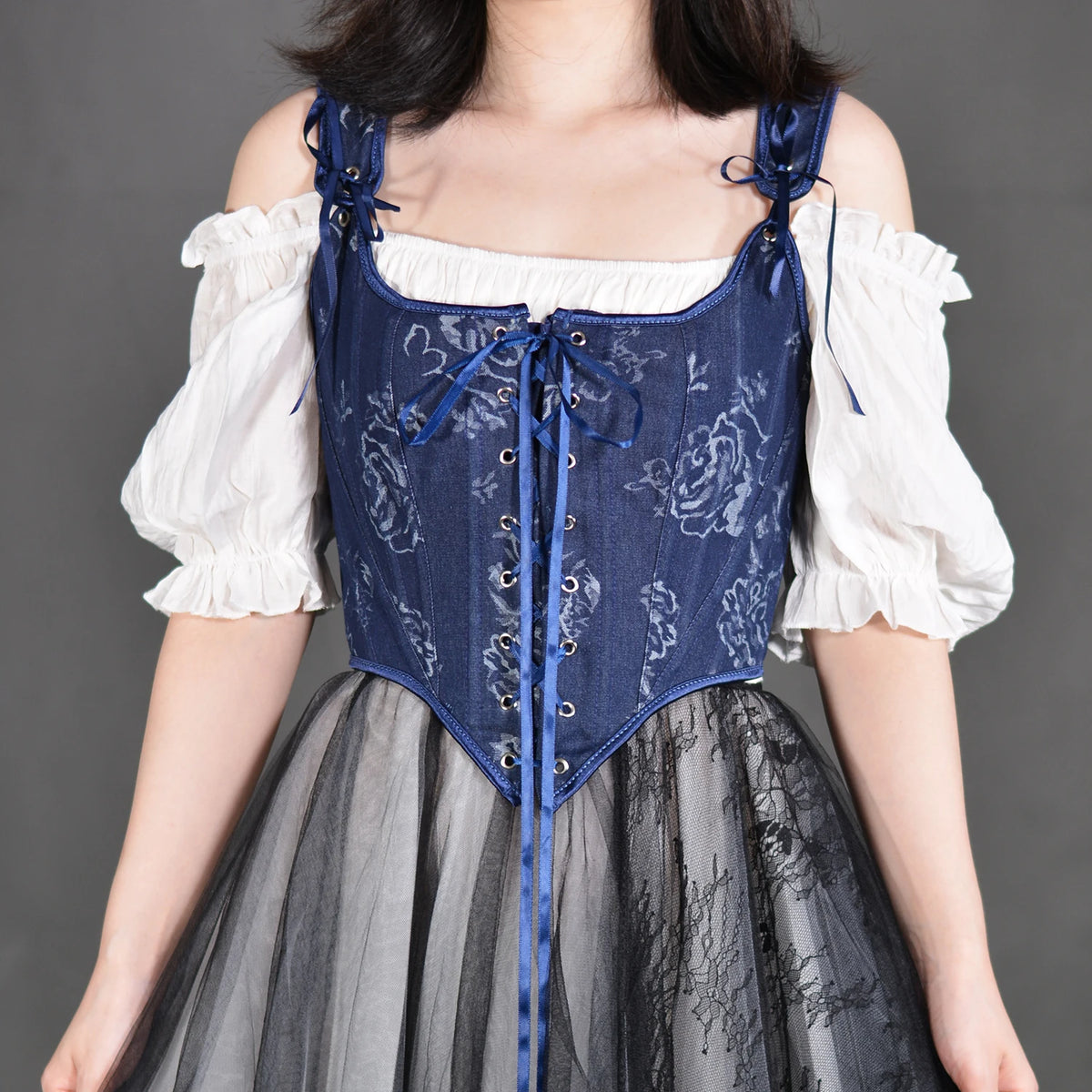 Blue Rose French Renaissance Corset Tops Lace-up Overbust Corset