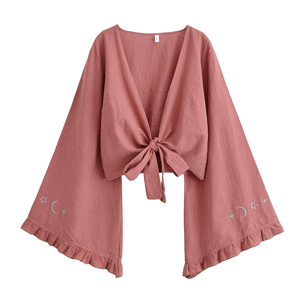 Boho Star Moon Embroidered Short Kimono Wrap Top Ruffled Flare Sleeves Cover-ups