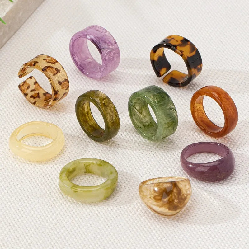Set of Ten Colourful Acrylic Leopard Print Rings