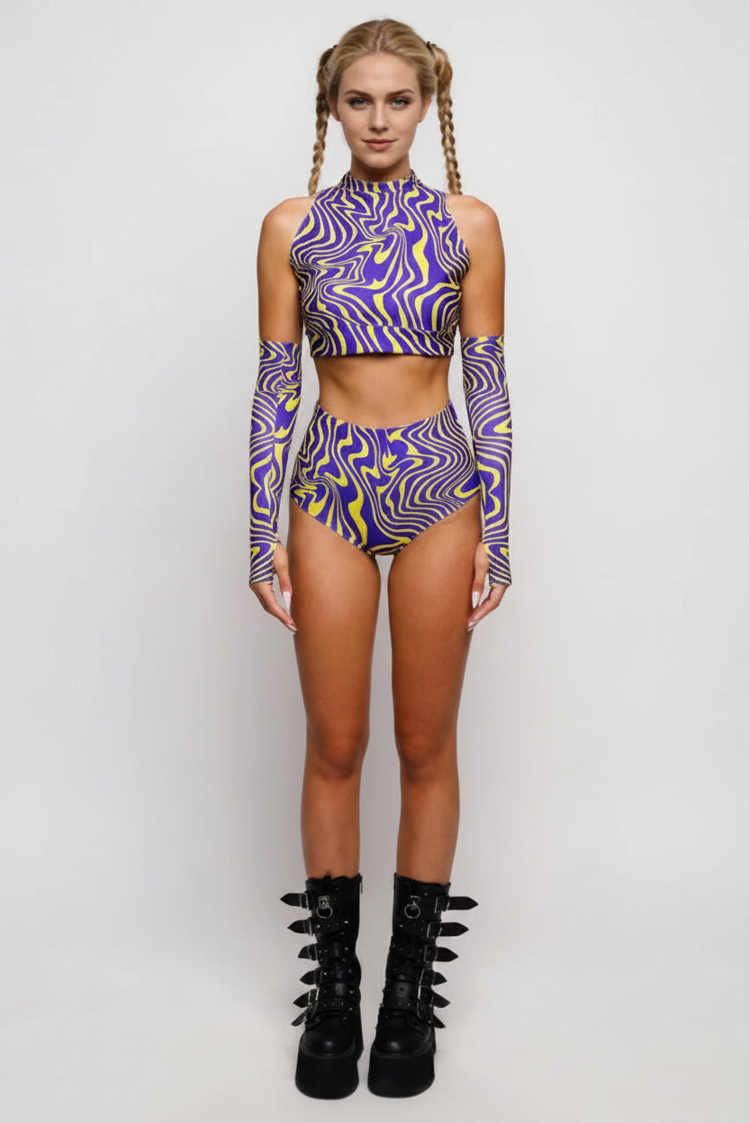 Roller Derby Performance Outfit Women High Neck Crop Set Rave Party Clubwear Printed Bodycon Set