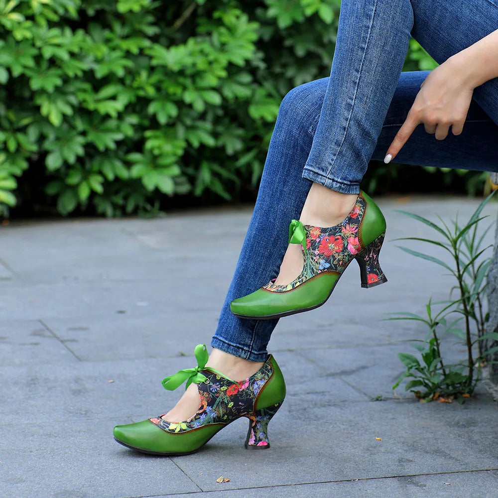 Sarah's Genuine Leather Green Pumps Heels Ribbon Lace Tie Shoes