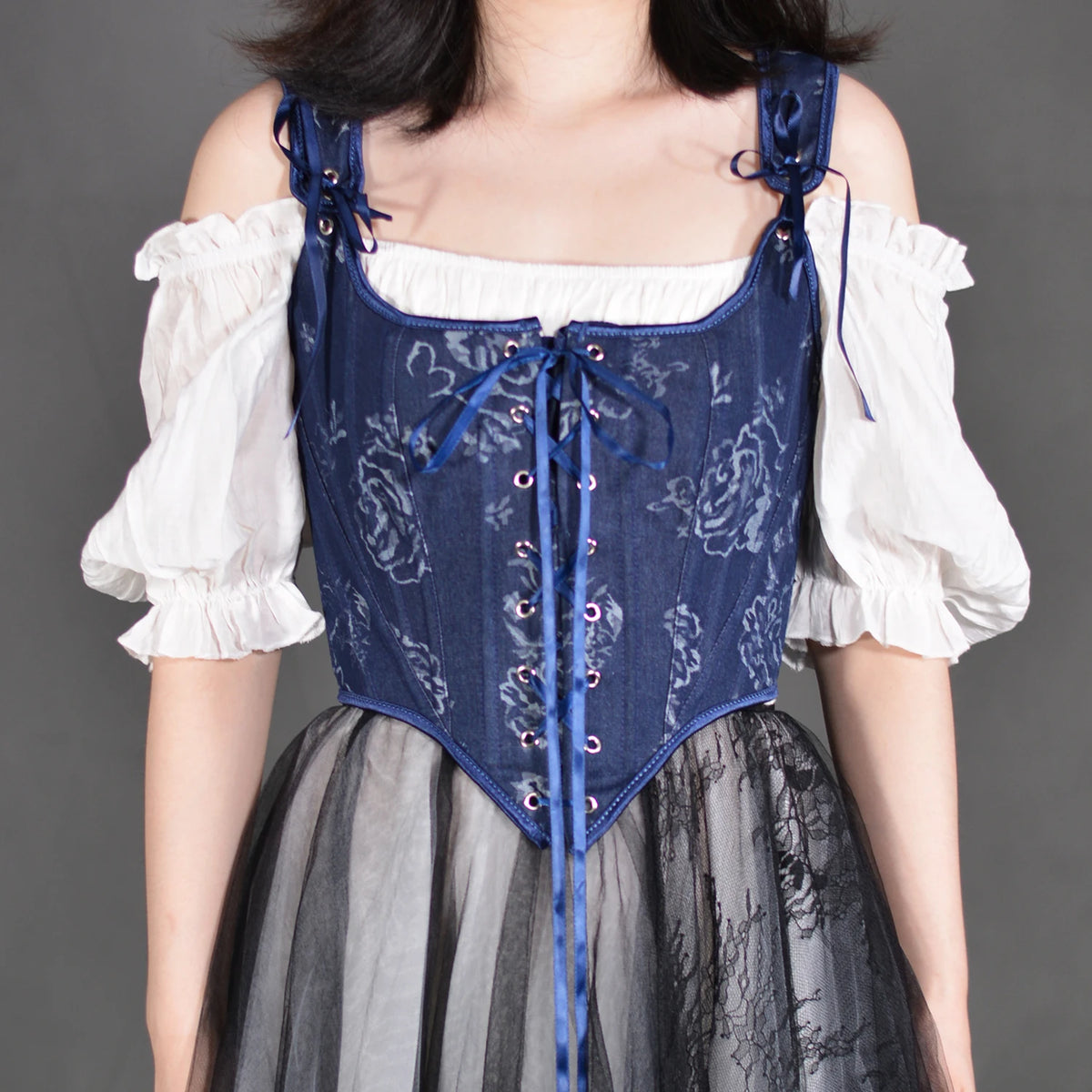 Blue Rose French Renaissance Corset Tops Lace-up Overbust Corset