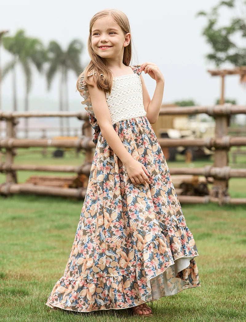 Girls Floral Bow Ruffle Edge Photoshoot Worthy Maxi Dress for 4-12 Years