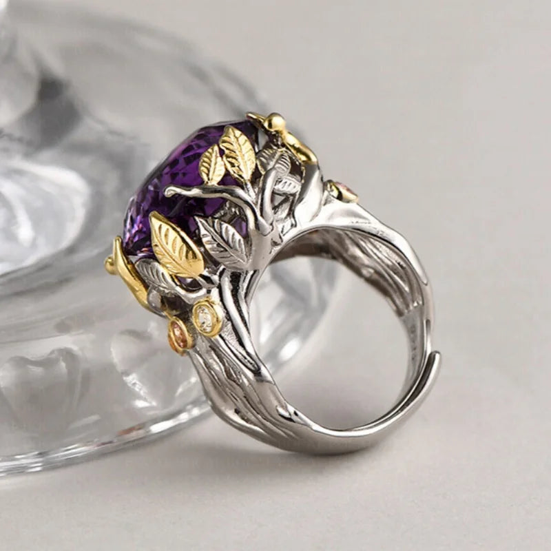 The Weaver's Treasures S925 Sterling Silver Rings Golden Leaves Natural Amethyst Tourmaline