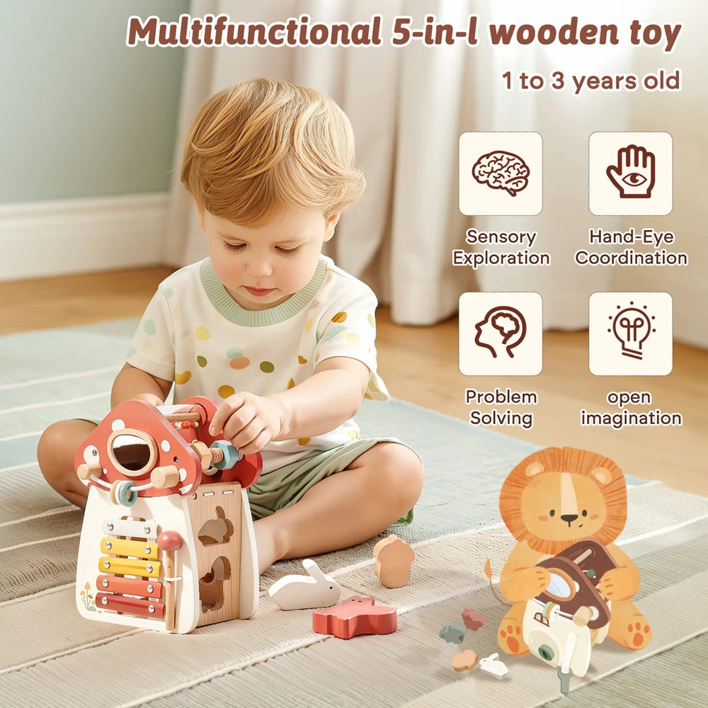 Mushroom Busy Box Baby Montessori Musical Wooden Toys Educational Percussion Toys