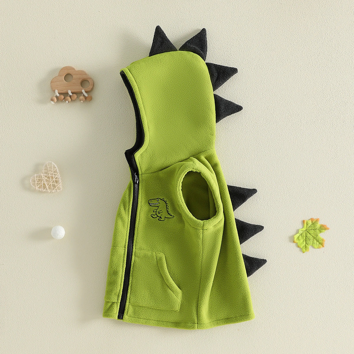 Dinosaur Fleece Vest Toddler Boy Hooded Cute Embroidery Full-Zip Sleeveless Jacket Coats Outerwear