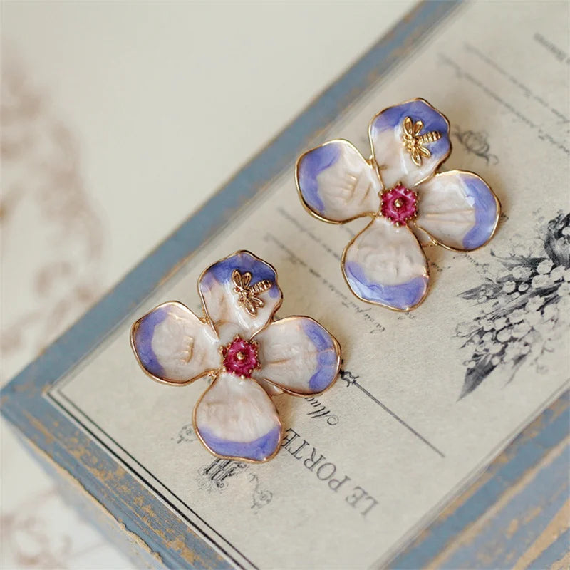Enamel Purple Flower and Bee Stud Earrings Drip Glaze Gradient Petals
