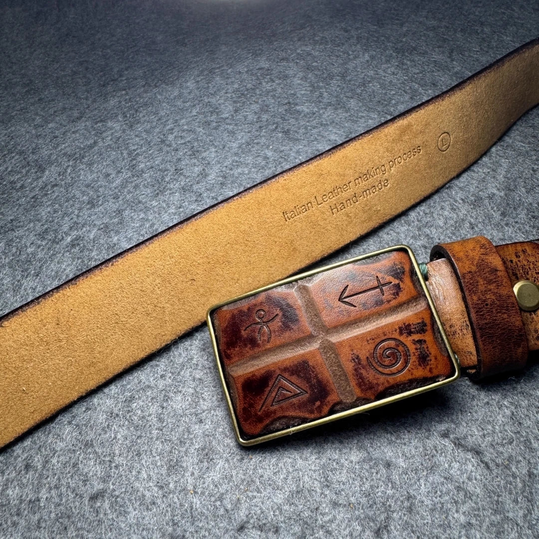 Norse Viking Runes Genuine Leather Men's Belt Pure Copper Buckle