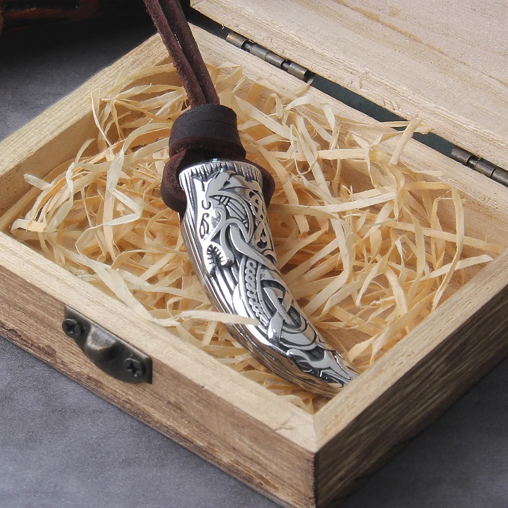 Viking Wolf Fang Stainless Steel Pendant Necklace For Men with Wooden Gift Box