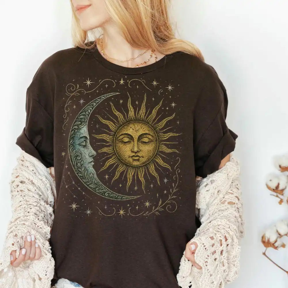 Boho Celestial Moon and Radiant Sun Cotton T-shirt