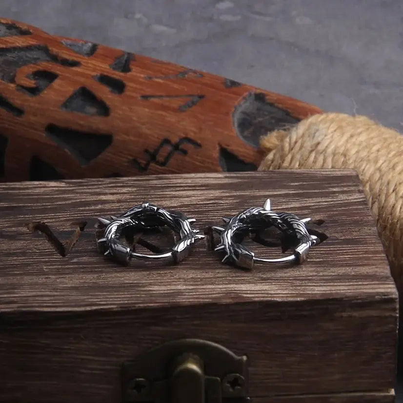 Gothic Thorns Stainless Steel Huggie Hoop Earrings for Men with Wooden Box