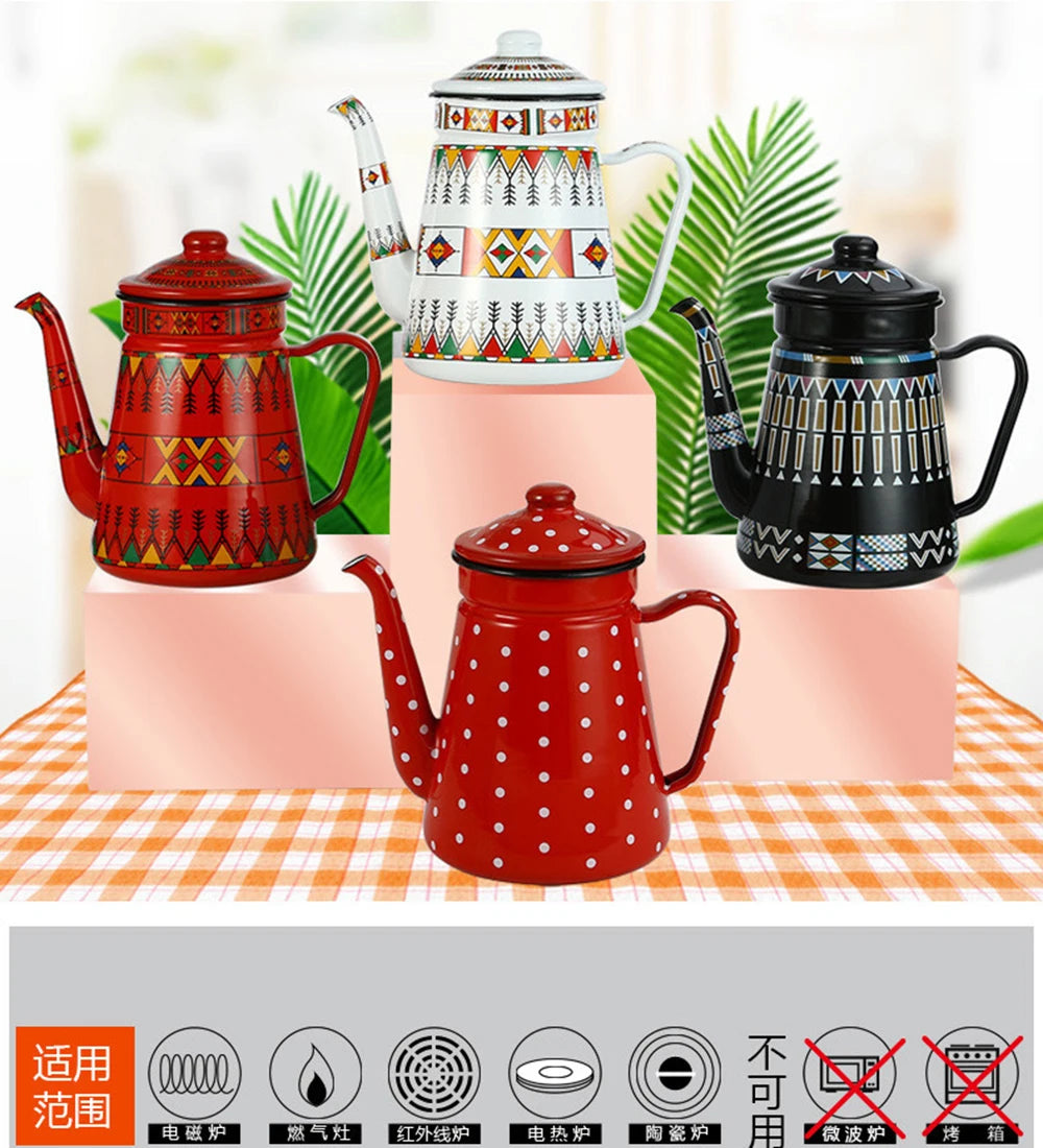 1.5L Enamel Coffee Pot Gooseneck Spout Stovetop Tea Kettle