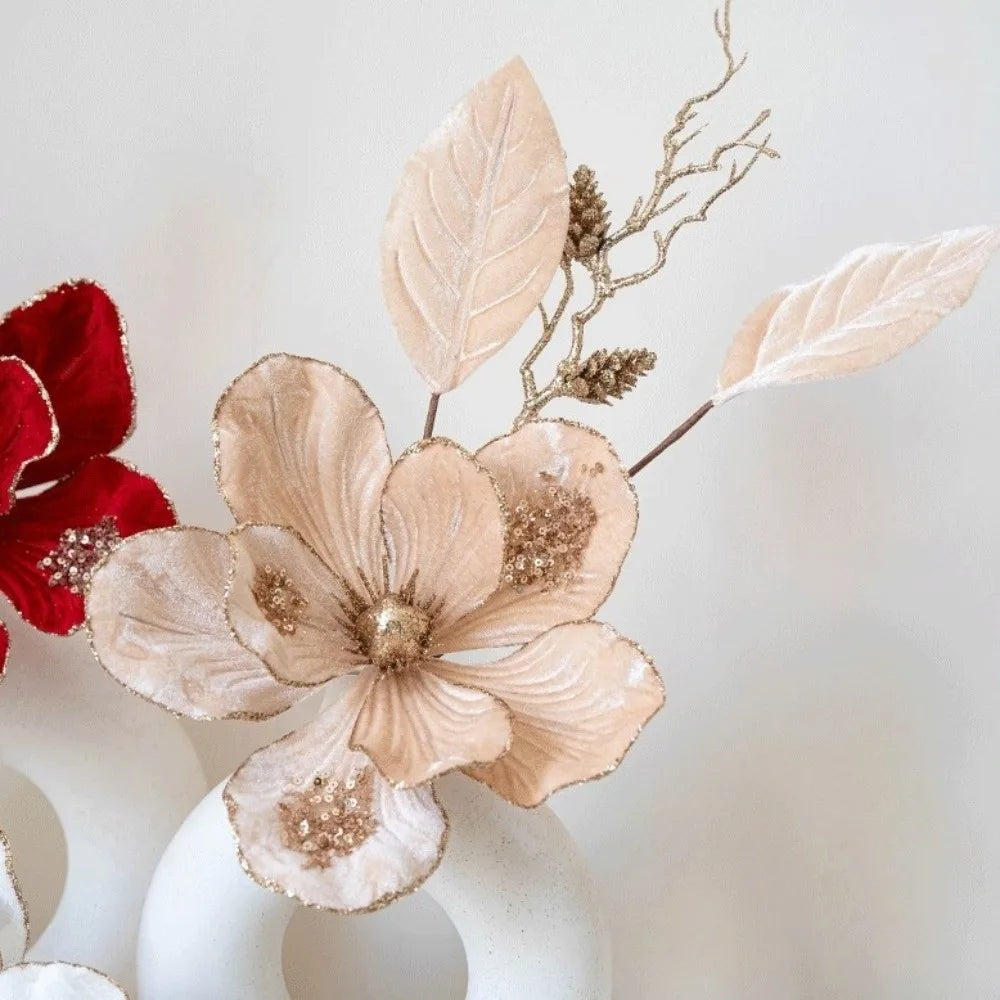 Glitter Christmas Magnolia Artificial Flower Red Gold Handmade Flocking Xmas Decorations