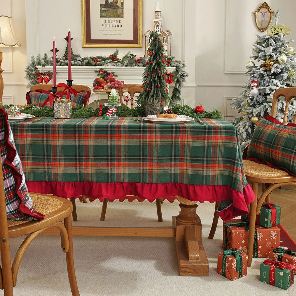 Christmas Plaid Ruffled Tablecloth Round and Rectangle Table Decoration