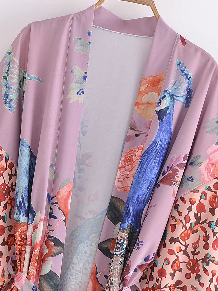 Peacock Floral Print Boho Kimono Cover-ups
