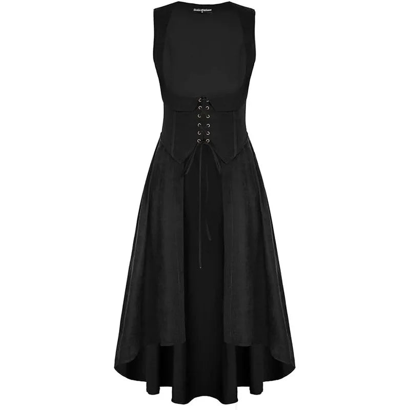 Medieval Renaissance Lace-Up Vest Dress Irregular Hem Overlayer Dress Cosplay Costume