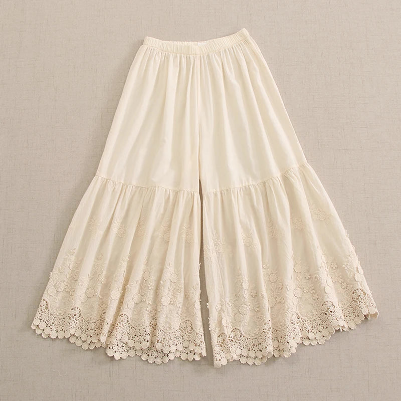 Mori Girl Embroidered Cotton Wide Leg Layering Pants