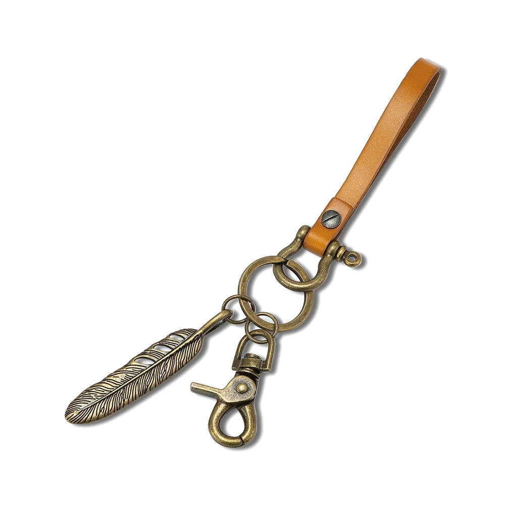 Handmade Leather Keychain Brass D-Shape Shackle Feather Charms Keyring