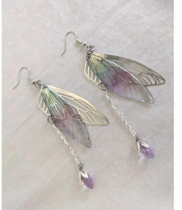 Crescent Moon Fairy Wings Crystal Quartz Dangle Earrings