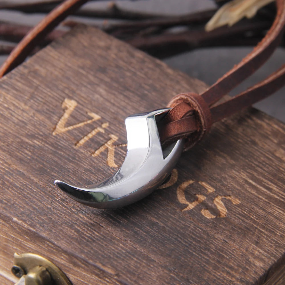 Viking Wolf Fang Stainless Steel Pendant Necklace For Men with Wooden Gift Box