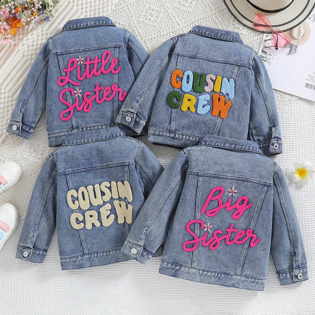 Cousin Crew and Sisters Letter Printed Denim Jackets for Girls