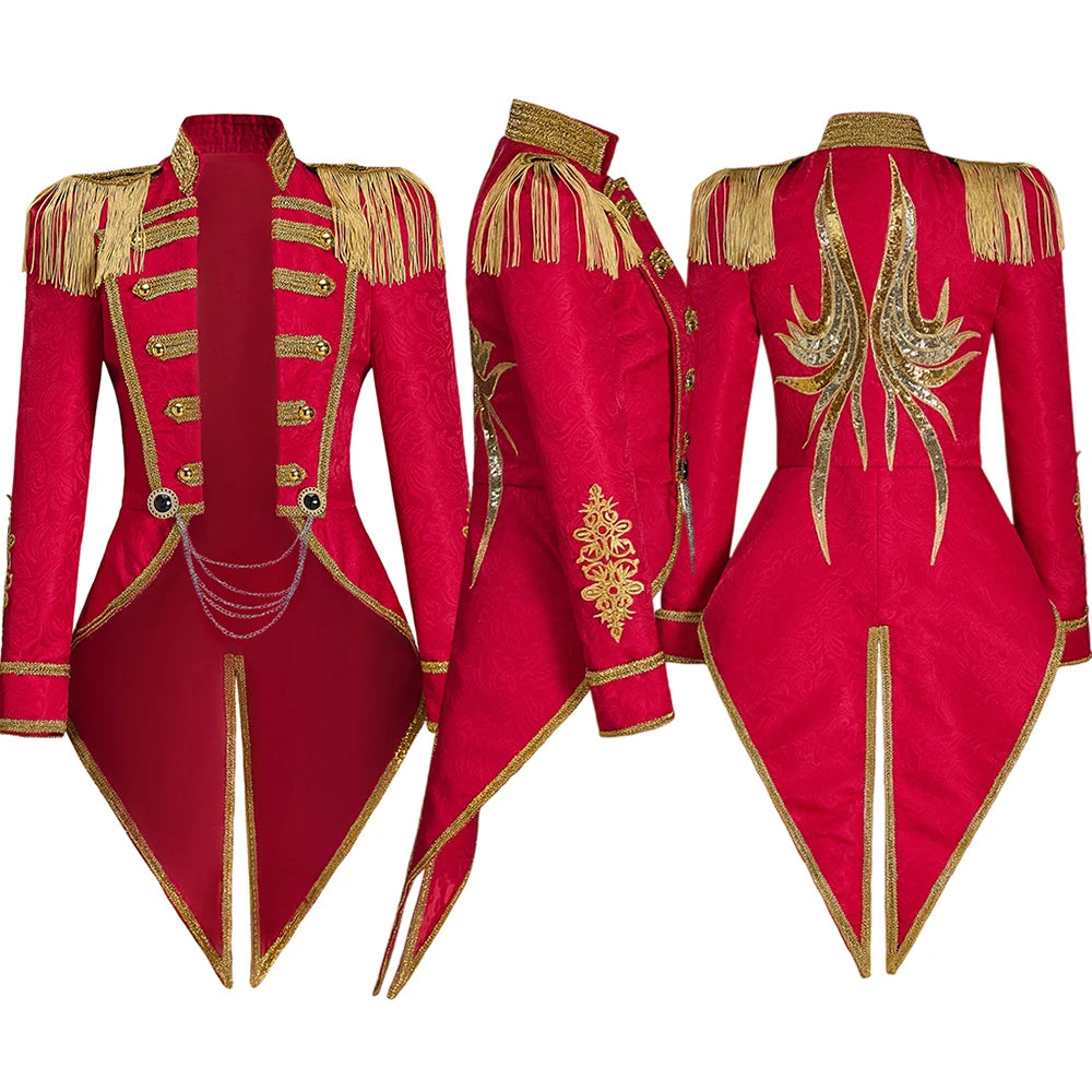 Ringmaster Jacket Regency Queen Red Fringed Military Tuxedo Women Gothic Steampunk Victorian Officer Uniform Coat