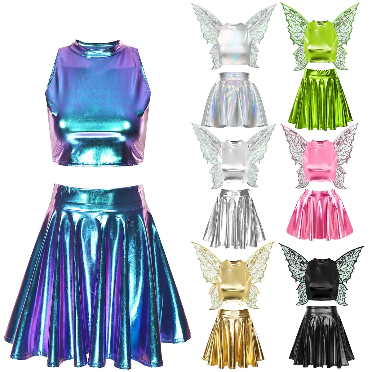 Festival Fairy Cosplay Costume Sleeveless Crop Top, High Waist Flared Skirt And Butterfly Wings Set
