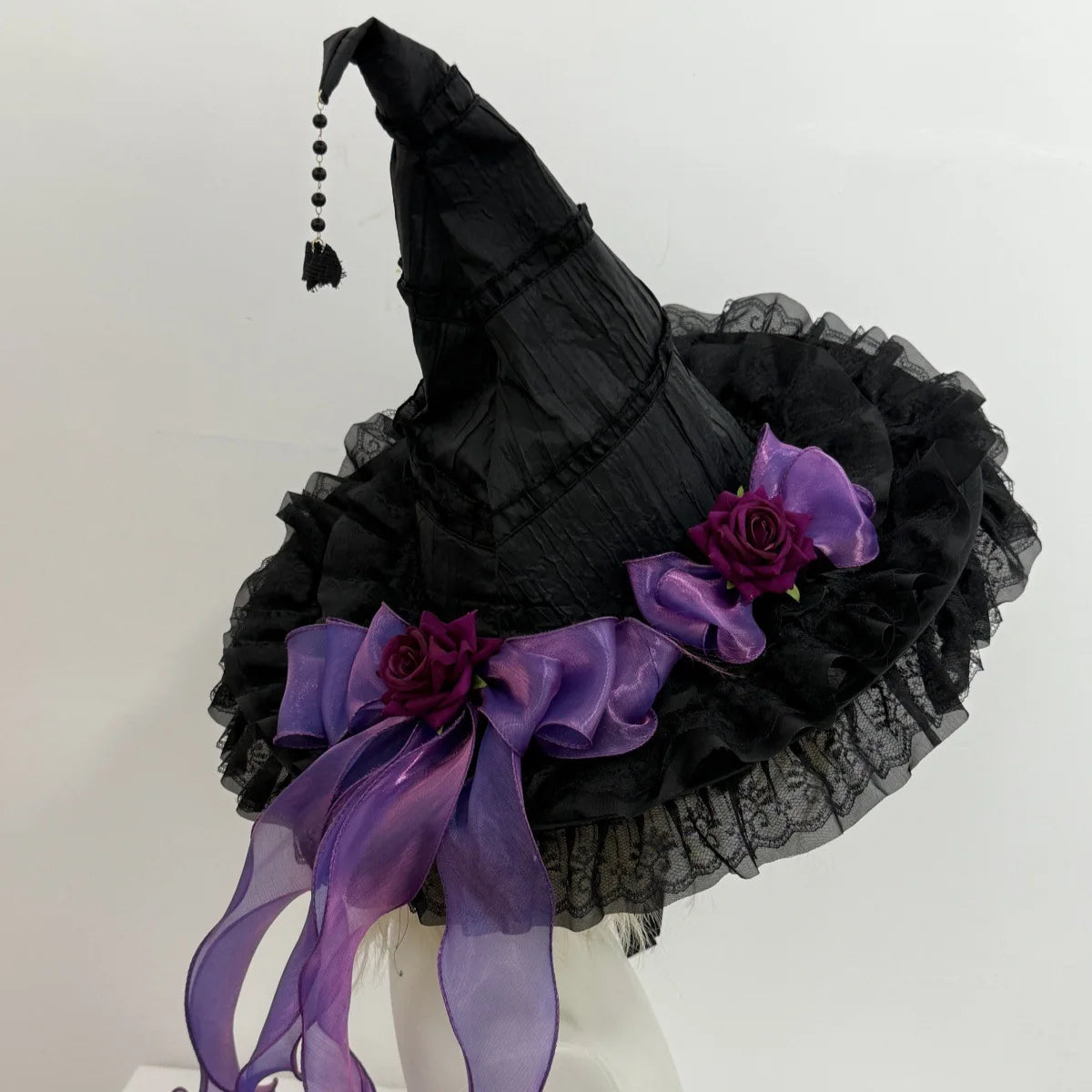 Gothic Witch's Hat Black Ruffled Lace Rose Bow Ribbon Halloween Party Cosplay Costume Props Decor