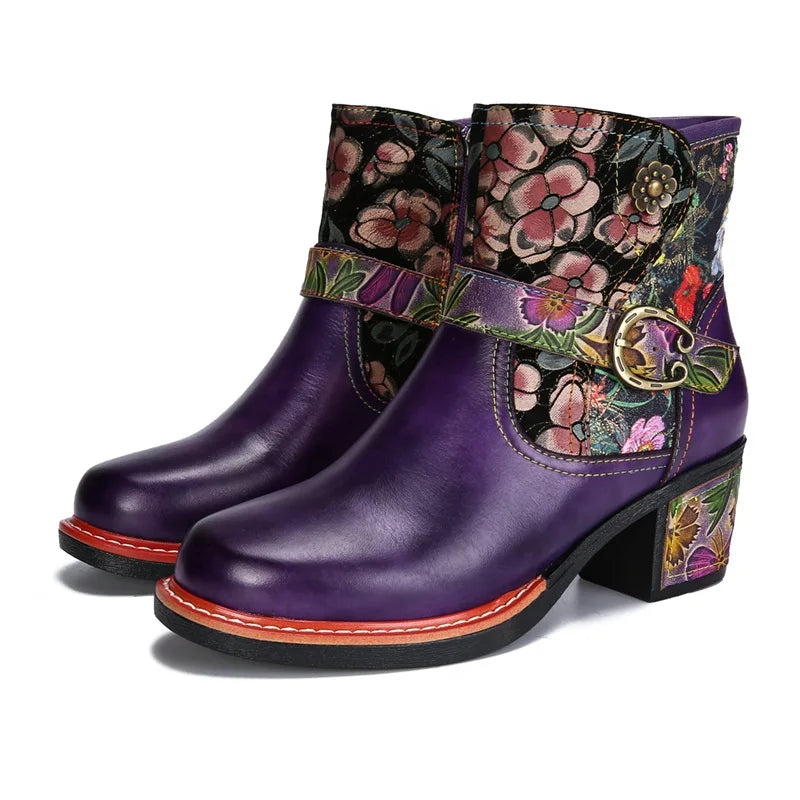 Violet's Floral Boots Genuine Leather Hand-painted Short Boots
