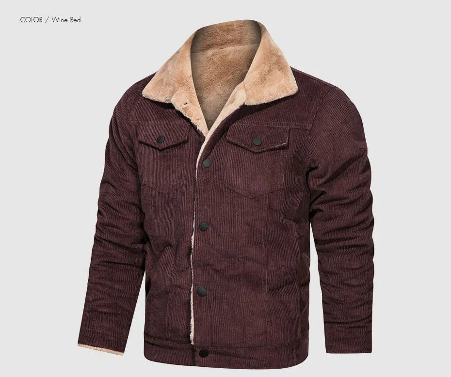 Woodsman Winter Corduroy Jackets Thick Warm Faux Fur Collar Bomber Coat