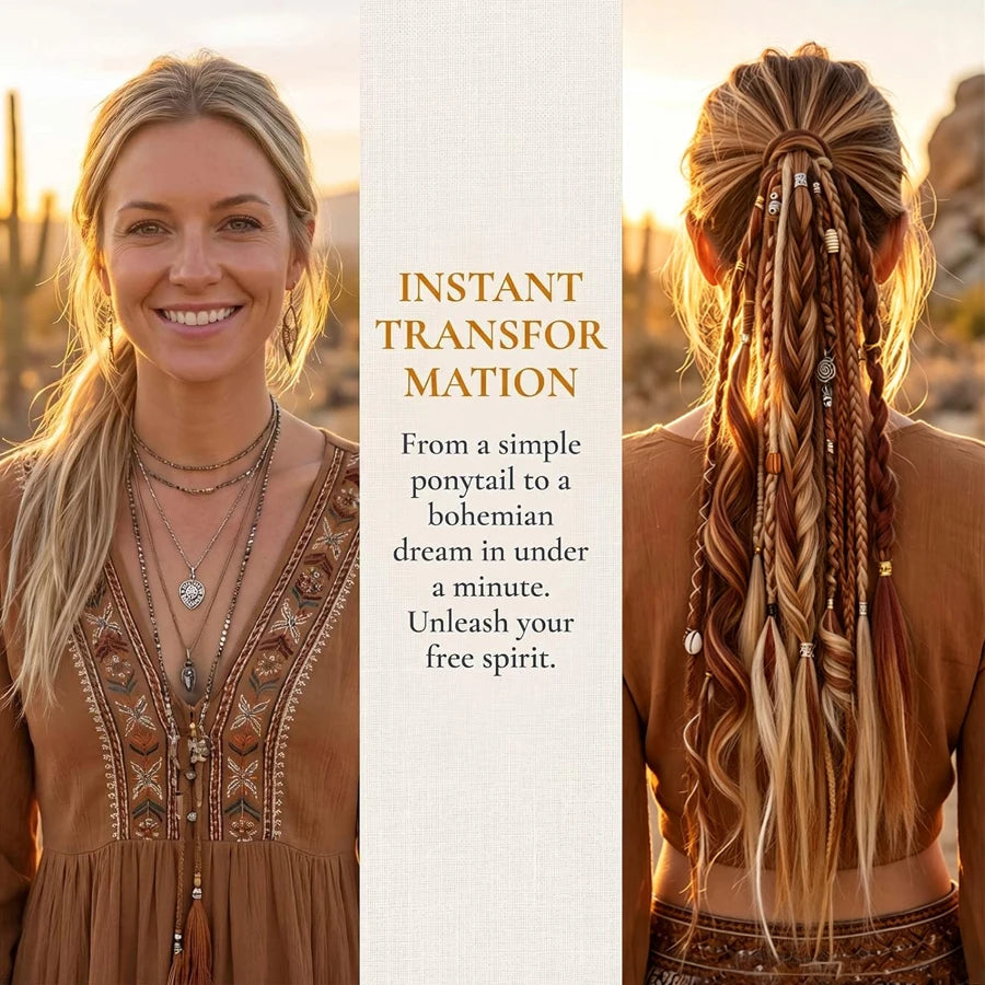 24 Inch Boho Braided Ponytail Beaded Braids With Elastic Hair Tie