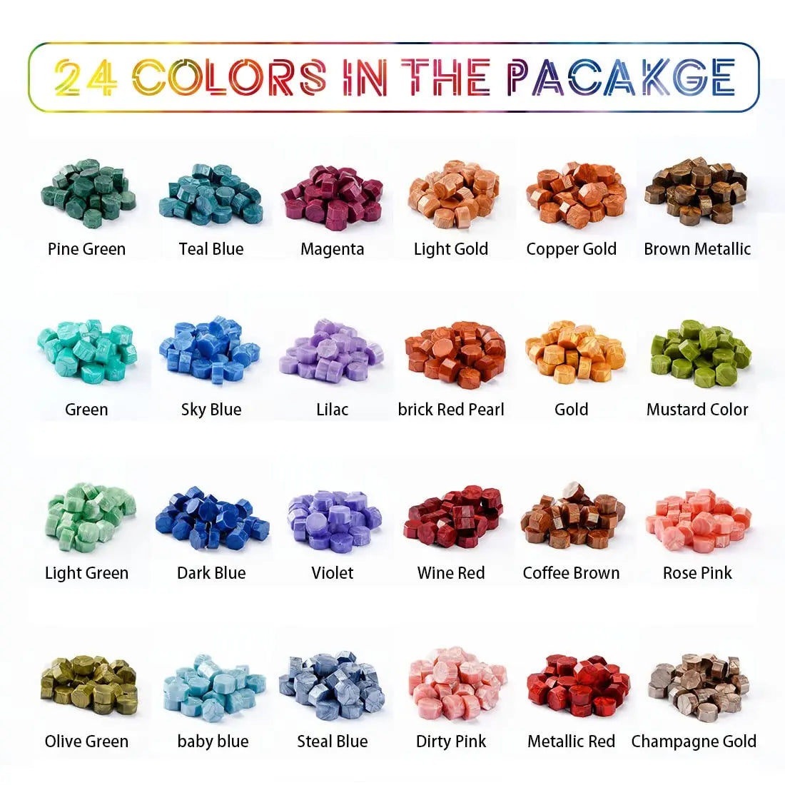 624pcs Metallic Assorted Colour Wax Seal Beads Kit 1 wooden spoon 10pcs Candles set - 24 Colours Sealing Wax Beads