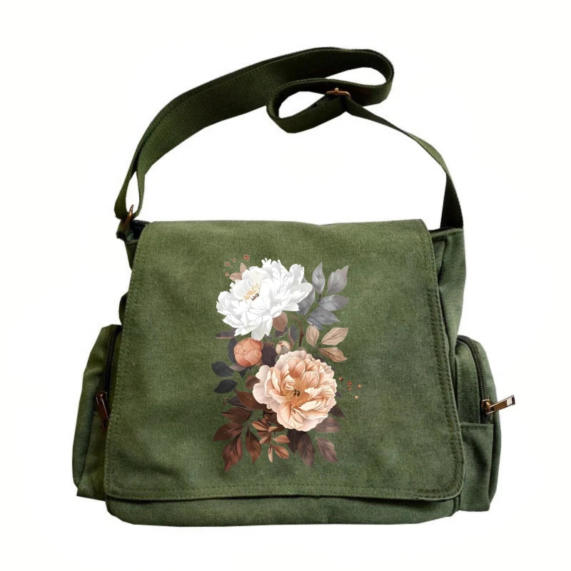Peonies Print Canvas Shoulder Bag Crossbody Messenger Bag