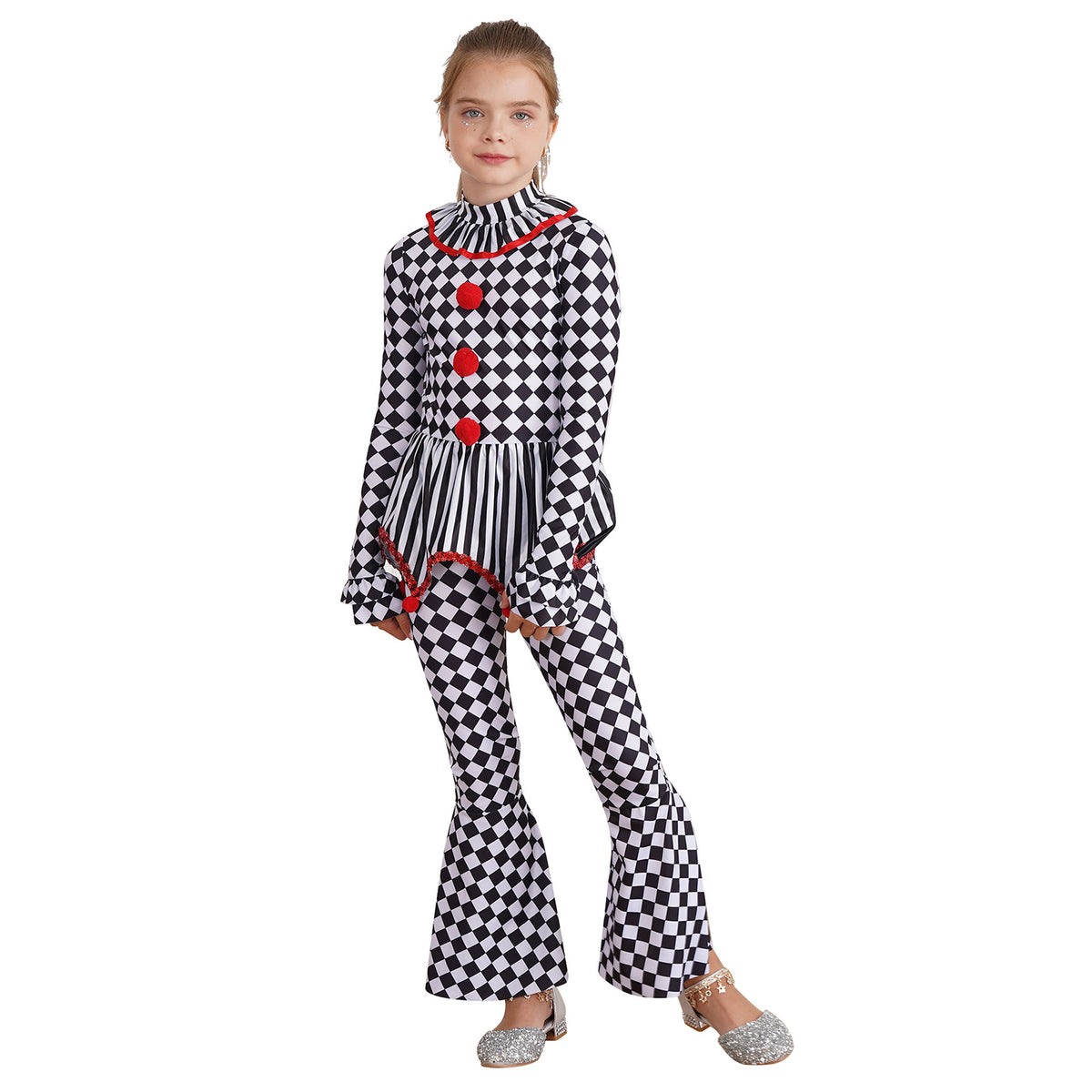 Kids Girls Halloween Harlequin Circus Clown Cosplay Costume Pom Poms Checkerboard Jumpsuit