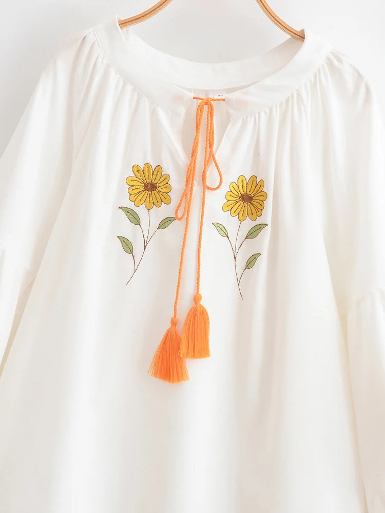 Sweet As Sunshine Vintage Sun and Floral Embroidered Linen Cotton Shirts Boho Tassel Blouse