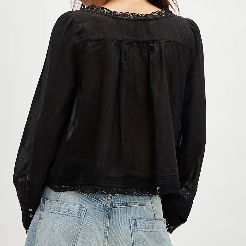 Y2K Boho Long Sleeve Lace Patchwork Button-down Tops 100% Cotton