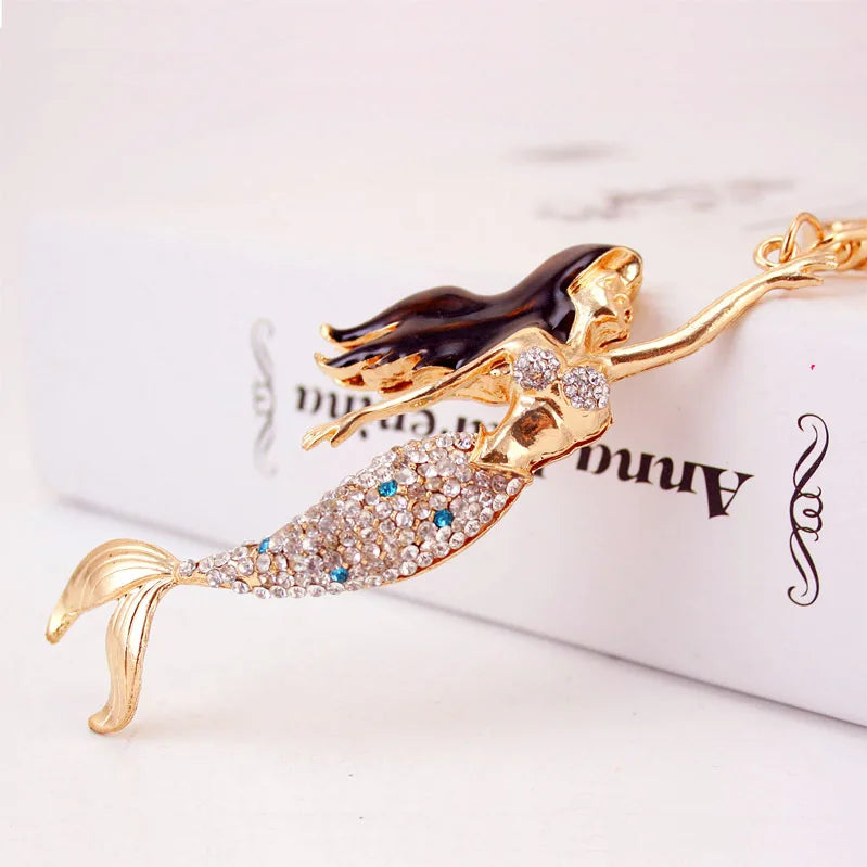 Mermaid Key Ring Enamel Crystal Purse Bag Buckle Pendant For Car Keyrings