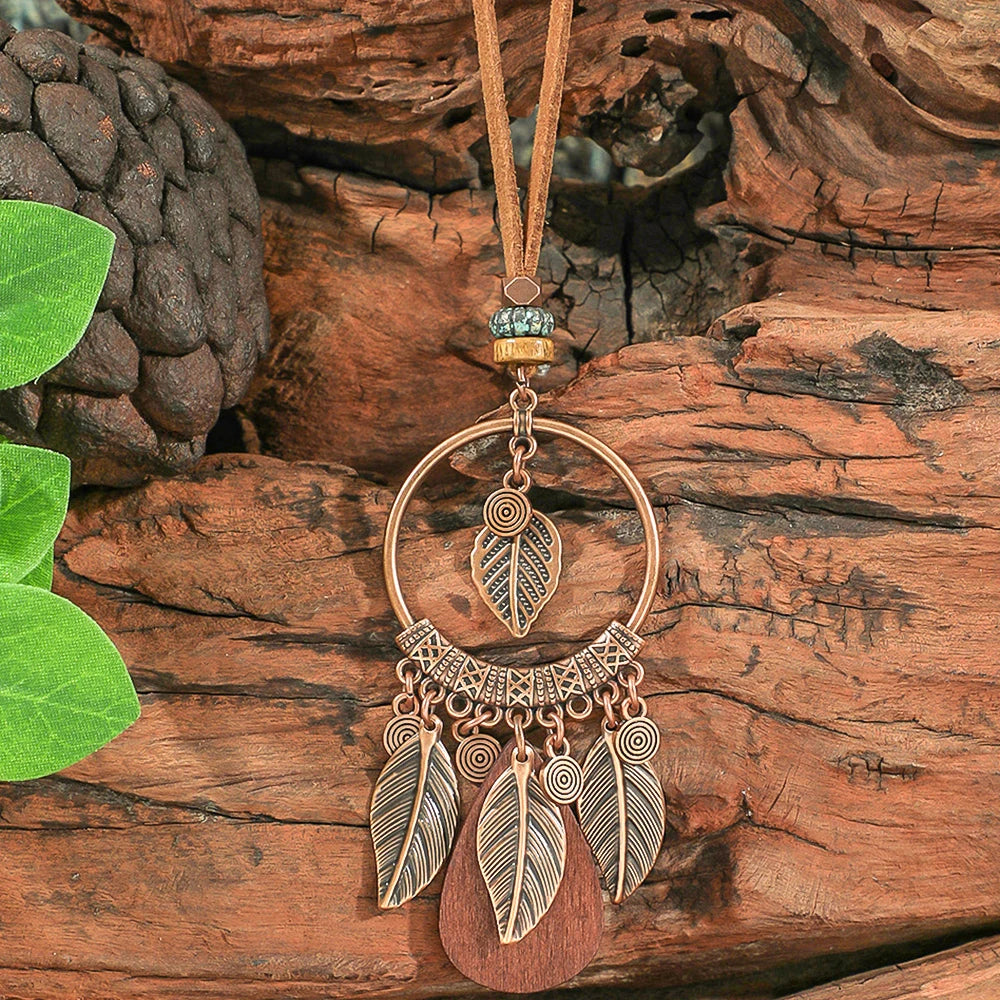 Forest Dweller Boho Leaf PU Leather Pendant Necklace Jewellery Sweater Chain