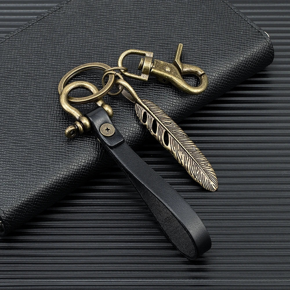 Handmade Leather Keychain Brass D-Shape Shackle Feather Charms Keyring