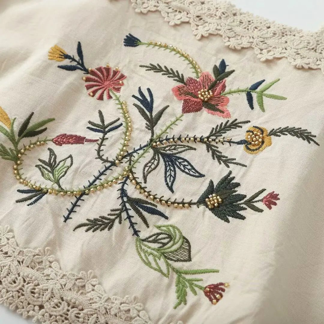 Terra's Boho Summer Cotton Linen Short Sets Camis Top Floral Folk Style Embroidery