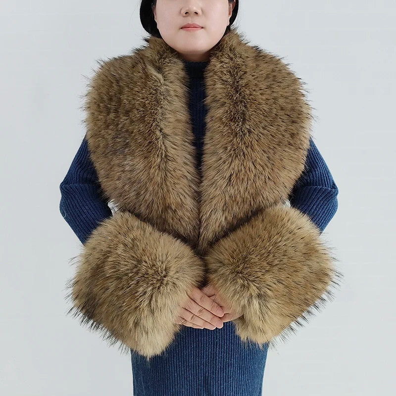 Large Faux Fox Fur Scarf Winter Warm Fluffy Collar And Cuff Sets 19 Colours