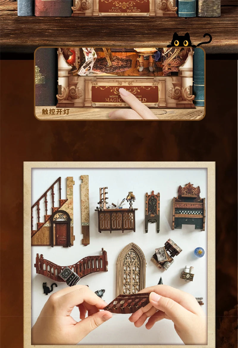 Magic Night Alley DIY Wooden Book Nook Shelf Insert Miniature Building Kits Bookshelf Decor with LED Lights