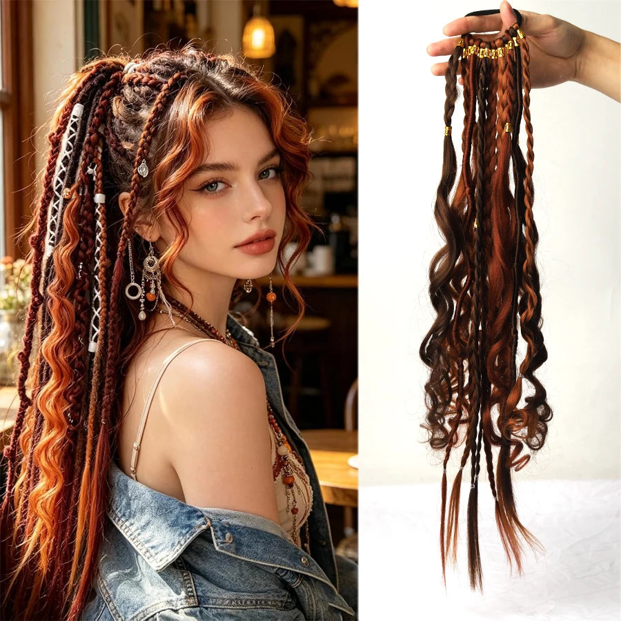 24 Inch Boho Braided Ponytail Beaded Braids With Elastic Hair Tie